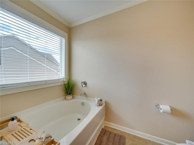 bathroom with a tub to relax in, tile patterned floors, and crown molding