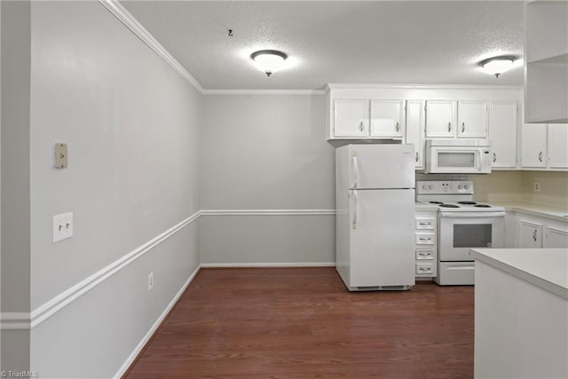 kitchen with white appliances, crown molding, white cabinetry, dark hardwood / wood-style floors, and a textured ceiling