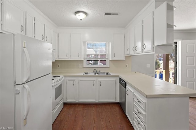 kitchen with sink, white appliances, white cabinets, dark hardwood / wood-style flooring, and kitchen peninsula