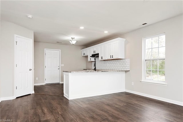 3217 N Ohenry Blvd, Greensboro, NC 27405 - kitchen featuring dark wood finished floors, decorative backsplash, white cabinets, and a peninsula