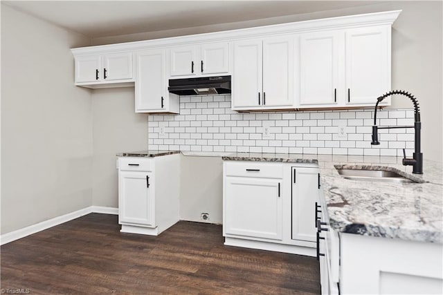 3217 N Ohenry Blvd, Greensboro, NC 27405 - kitchen with dark wood-type flooring, under cabinet range hood, a sink, white cabinetry, and light stone countertops