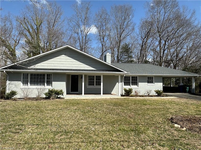 single story home with roof with shingles, a chimney, a porch, a front yard, and an attached carport