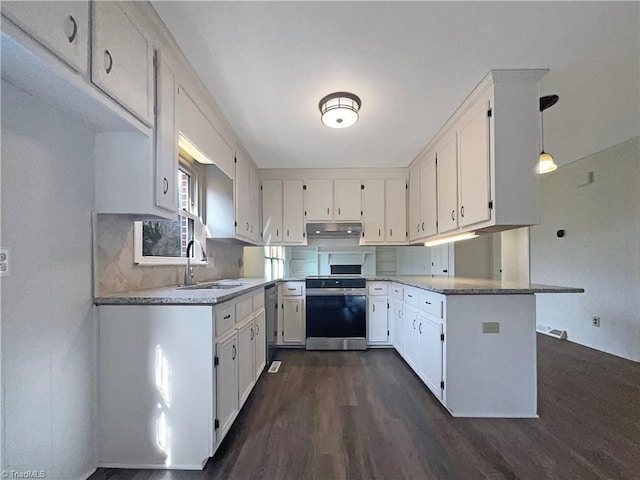 kitchen featuring white cabinetry, sink, decorative light fixtures, and range with electric cooktop