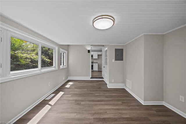 4108 Walker Ave, Greensboro, NC 27407 - spare room featuring electric panel, wood finished floors, and ornamental molding