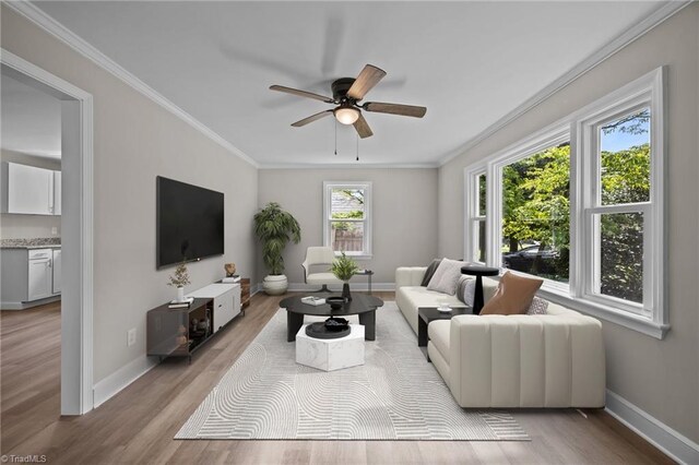 4108 Walker Ave, Greensboro, NC 27407 - living room with wood finished floors, ceiling fan, and ornamental molding