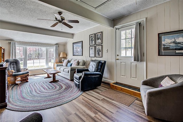 living room featuring a ceiling fan, crown molding, a textured ceiling, and wood finished floors