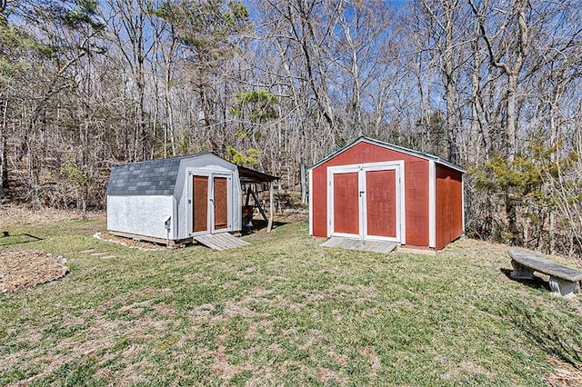 view of shed featuring a forest view