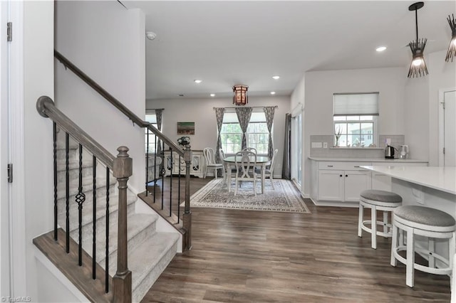 151 Outrigger Ln, Troutman, NC 28166 - interior space featuring stairway, dark wood-style floors, and recessed lighting