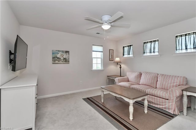 151 Outrigger Ln, Troutman, NC 28166 - living room featuring light colored carpet, ceiling fan, and baseboards