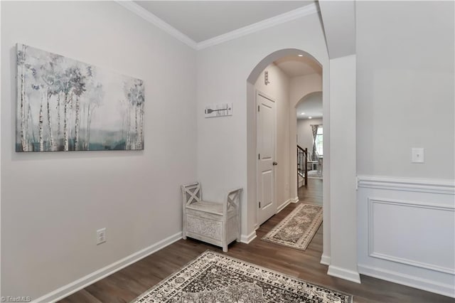 151 Outrigger Ln, Troutman, NC 28166 - corridor with wood finished floors, arched walkways, crown molding, and baseboards