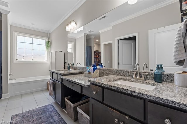 full bath featuring tile patterned floors, a sink, visible vents, and crown molding