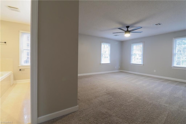 carpeted empty room featuring a textured ceiling, a wealth of natural light, and ceiling fan