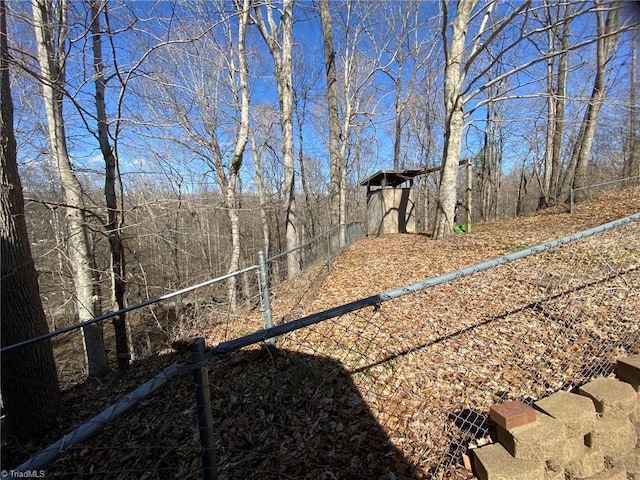 view of yard featuring an outdoor structure, a storage unit, and fence