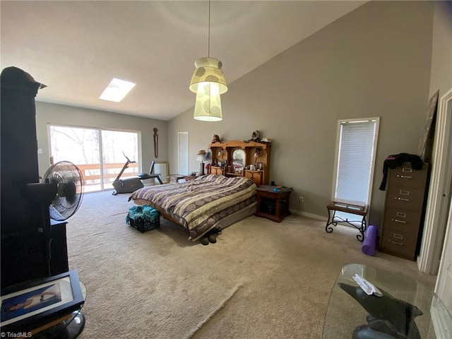 bedroom with carpet flooring, baseboards, and high vaulted ceiling