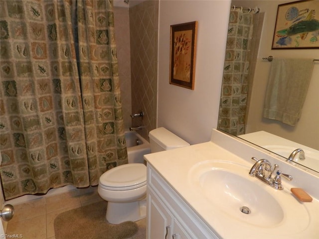 full bath featuring toilet, vanity, tile patterned floors, and shower / bath combination with curtain