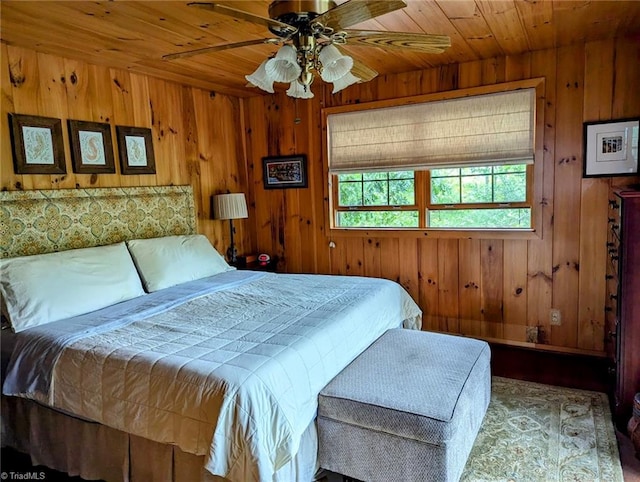 bedroom featuring wood ceiling, wood walls, and ceiling fan