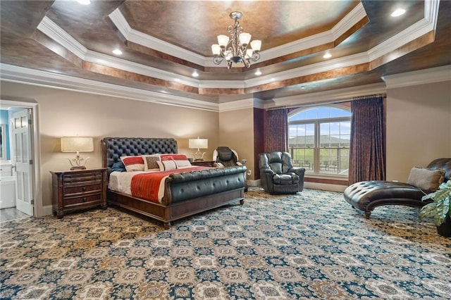 265 Phillip Henderson Rd, Rutherfordton, NC 28139 - carpeted bedroom featuring a tray ceiling, ornamental molding, a chandelier, baseboards, and ensuite bathroom