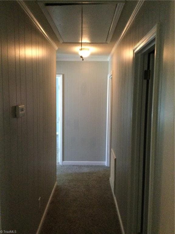 corridor with crown molding and carpet flooring