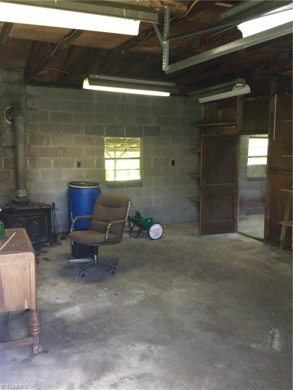 garage with a wood stove