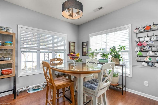 dining room featuring wood-type flooring and plenty of natural light