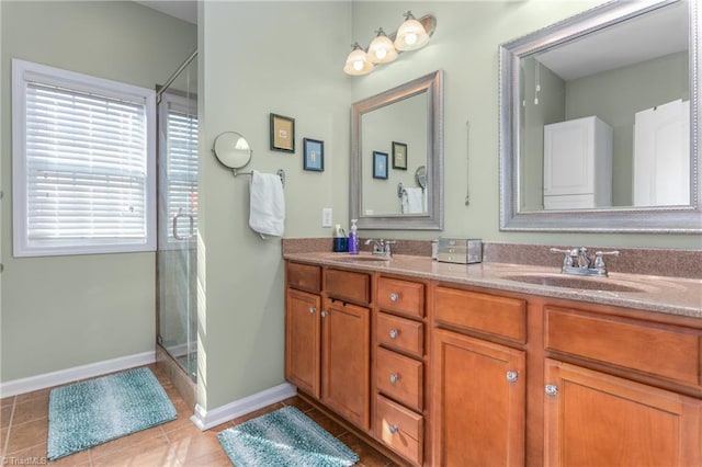 bathroom with tile patterned flooring, vanity, and an enclosed shower