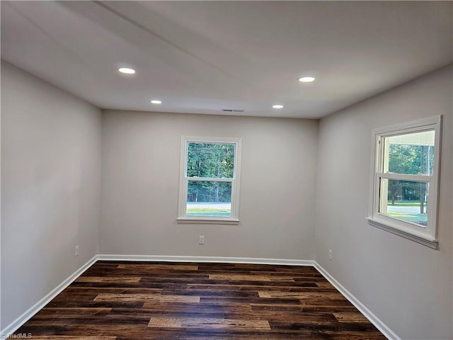 unfurnished room featuring a wealth of natural light and dark hardwood / wood-style flooring