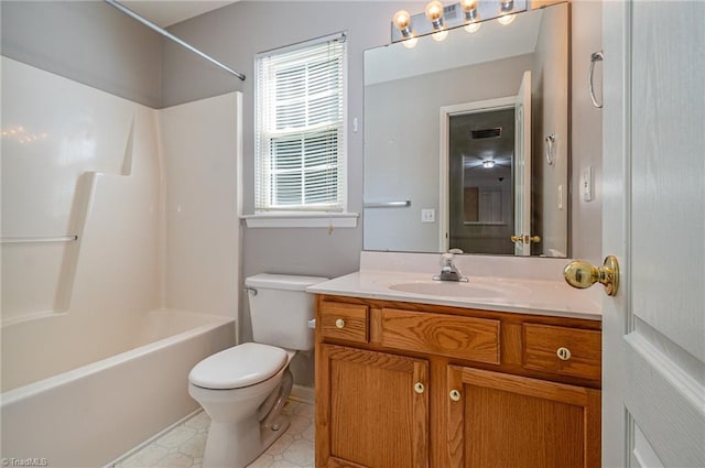 bathroom with visible vents, tub / shower combination, toilet, and vanity