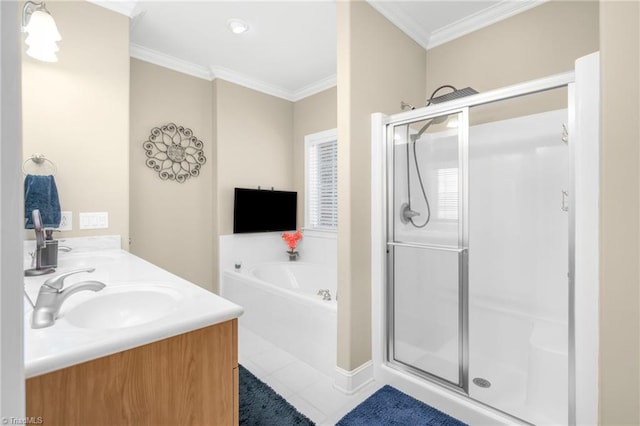 4455 Greystone Place Ct, Winston-Salem, NC 27106 - bathroom with a garden tub, ornamental molding, a stall shower, tile patterned flooring, and double vanity