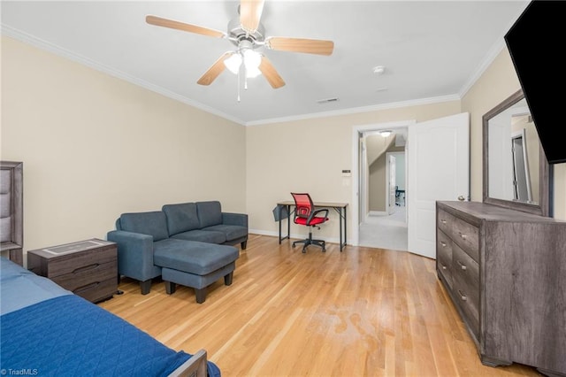 4455 Greystone Place Ct, Winston-Salem, NC 27106 - bedroom with light wood finished floors, crown molding, and a ceiling fan