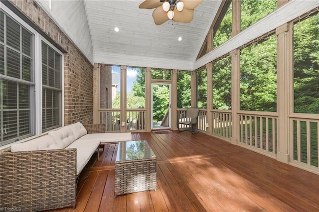 4455 Greystone Place Ct, Winston-Salem, NC 27106 - sunroom with an outdoor hangout area, ceiling fan, and vaulted ceiling