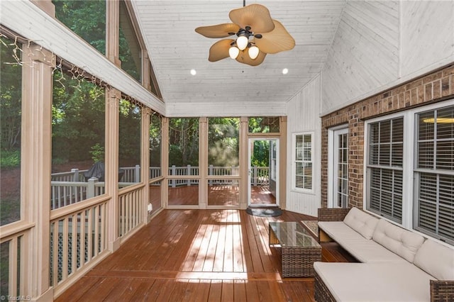 4455 Greystone Place Ct, Winston-Salem, NC 27106 - unfurnished sunroom featuring an outdoor hangout area, a ceiling fan, and lofted ceiling