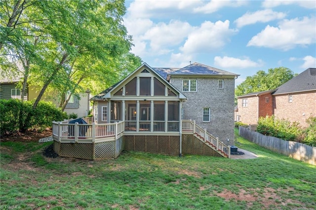 4455 Greystone Place Ct, Winston-Salem, NC 27106 - back of property with a sunroom, a deck, stairway, and brick siding