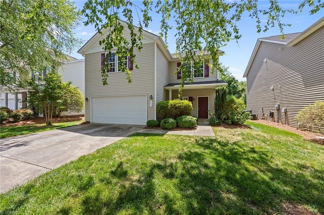 traditional home featuring driveway, a garage, and a front lawn