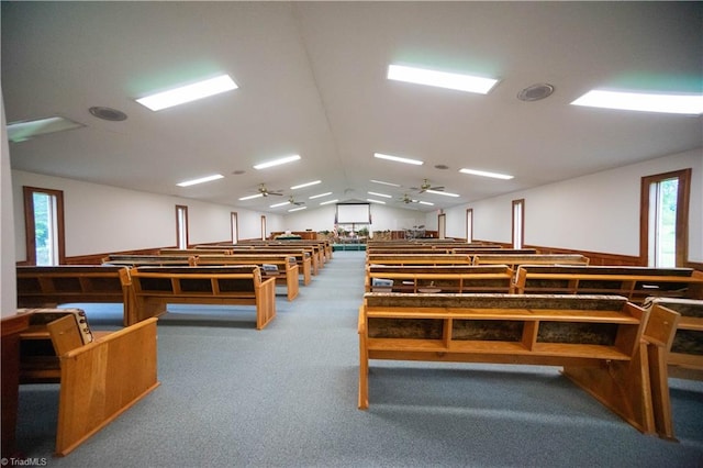 miscellaneous room with carpet, ceiling fan, and lofted ceiling