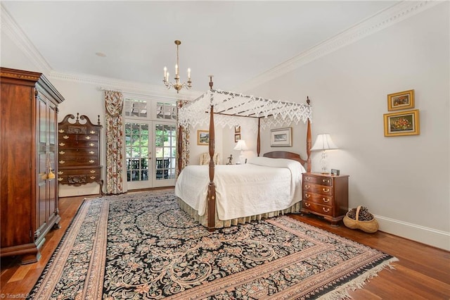 4432 Bent Tree Farm Rd, Winston-Salem, NC 27104 - bedroom with french doors, a chandelier, crown molding, wood finished floors, and access to exterior
