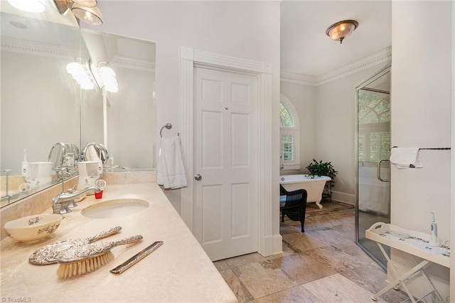 4432 Bent Tree Farm Rd, Winston-Salem, NC 27104 - bathroom featuring ornamental molding, a soaking tub, vanity, and a shower stall
