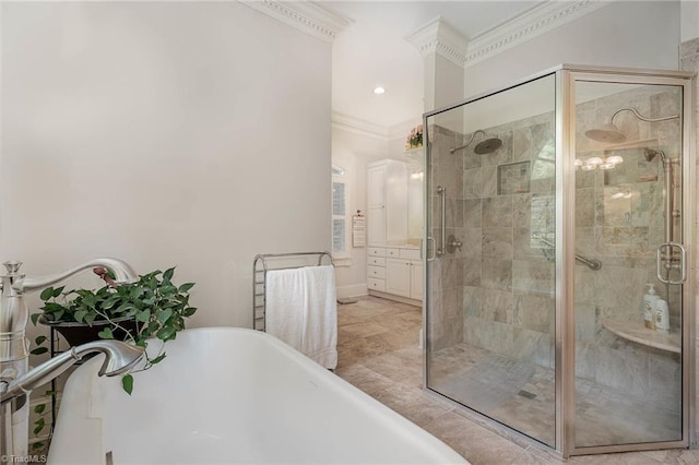 4432 Bent Tree Farm Rd, Winston-Salem, NC 27104 - bathroom featuring a soaking tub, ornamental molding, and a shower stall