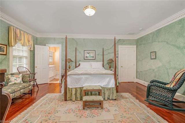 4432 Bent Tree Farm Rd, Winston-Salem, NC 27104 - bedroom with wood finished floors, ornamental molding, and wallpapered walls