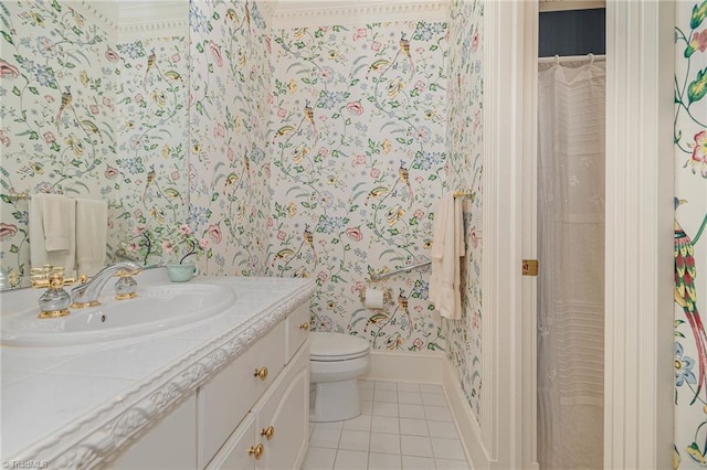 4432 Bent Tree Farm Rd, Winston-Salem, NC 27104 - bathroom with wallpapered walls, tile patterned flooring, and vanity