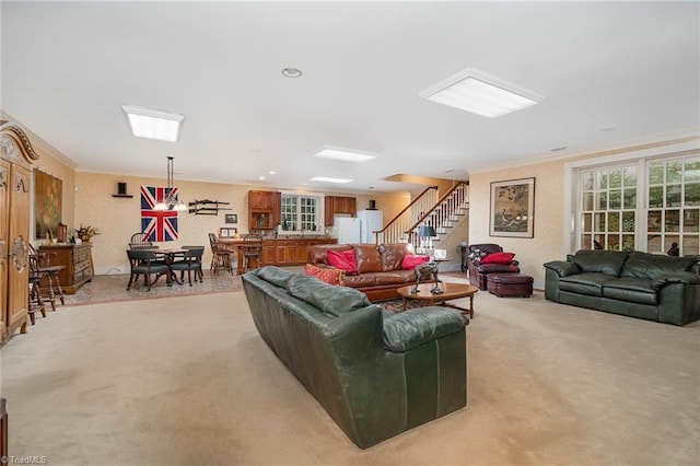 4432 Bent Tree Farm Rd, Winston-Salem, NC 27104 - living room with light colored carpet, stairs, and crown molding