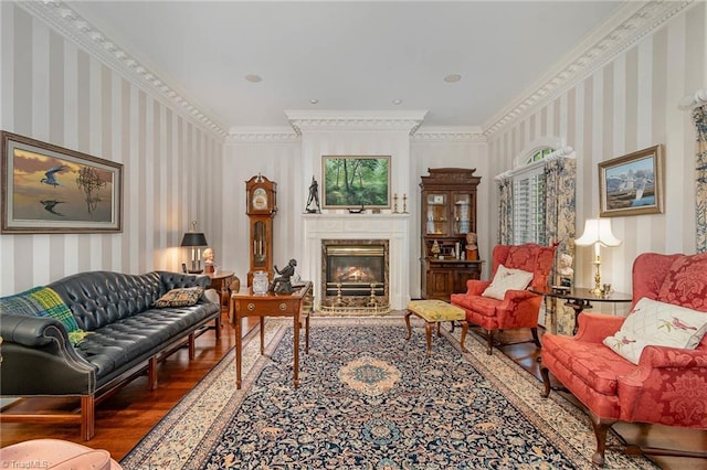 4432 Bent Tree Farm Rd, Winston-Salem, NC 27104 - living area with wood finished floors, wallpapered walls, a high end fireplace, and crown molding