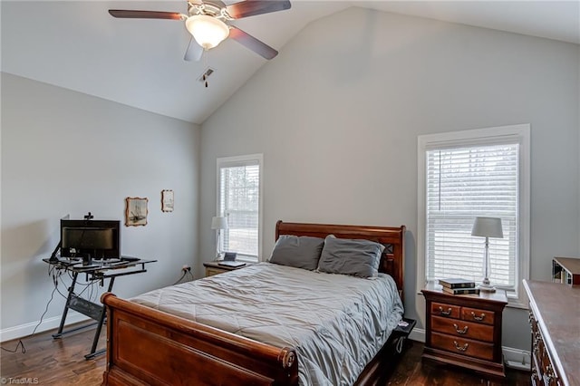 bedroom with ceiling fan, high vaulted ceiling, visible vents, baseboards, and dark wood finished floors