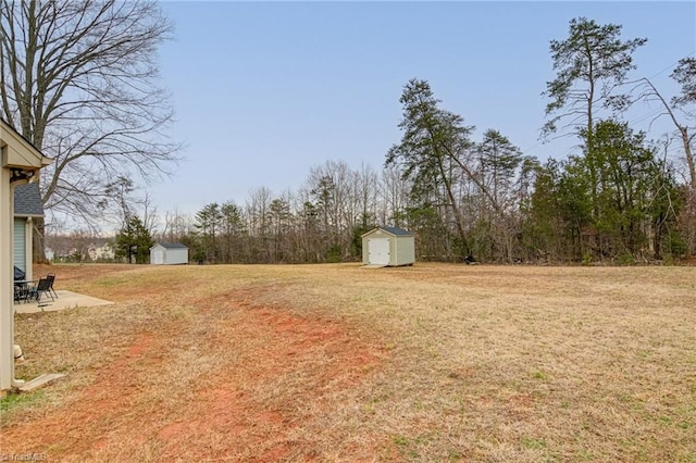 view of yard with a patio area, an outdoor structure, and a storage unit