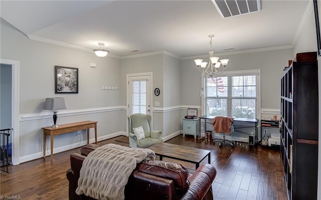 sitting room with ornamental molding, dark wood-style flooring, a healthy amount of sunlight, and visible vents