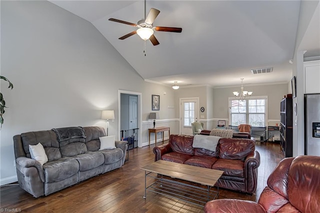 living room featuring visible vents, dark wood finished floors, crown molding, high vaulted ceiling, and ceiling fan with notable chandelier