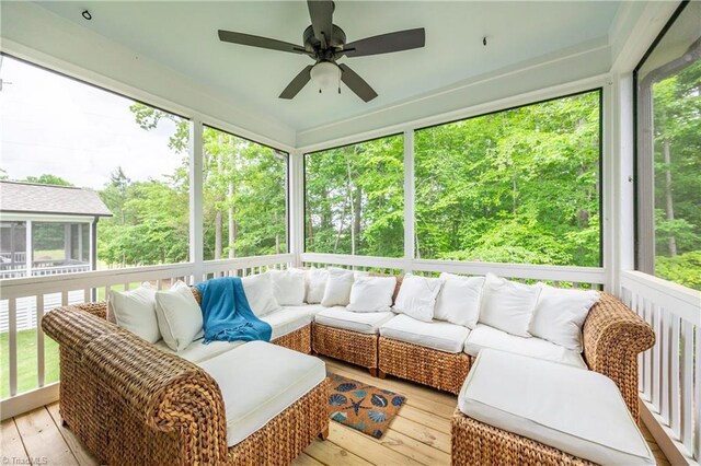 5166 Whaitley Ln, Greensboro, NC 27407 - sunroom with outdoor lounge area, a ceiling fan, and plenty of natural light