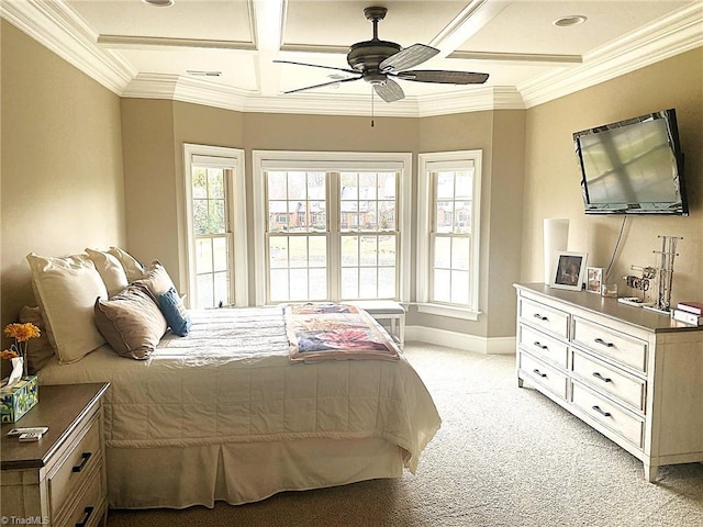 bedroom featuring a ceiling fan, baseboards, coffered ceiling, ornamental molding, and light colored carpet