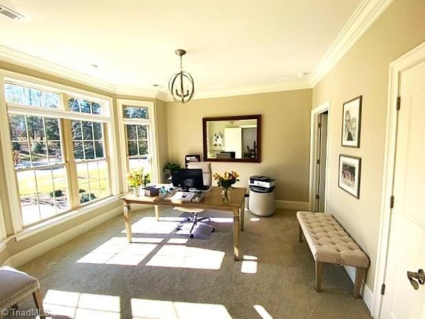 carpeted home office featuring crown molding, baseboards, visible vents, and a chandelier