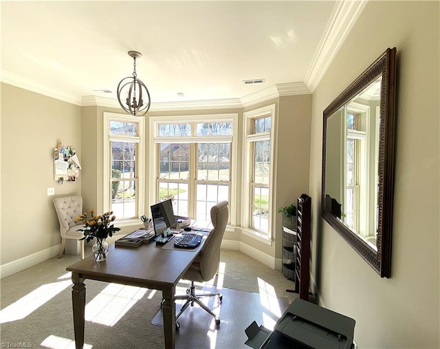 carpeted office space with crown molding, baseboards, visible vents, and a chandelier