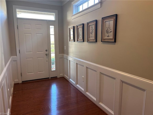 entryway featuring dark wood-style floors, wainscoting, and a decorative wall